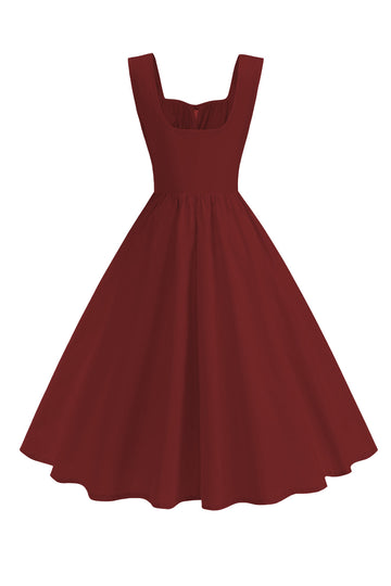 Burgundy Square Neck A-Line Midi 1950s Dress